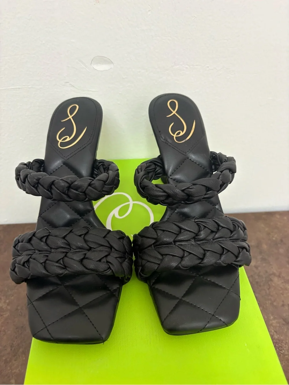 NIB Sam Edelman Meghan Black Nappa Braided Mule Heels Size 8.5 Square Toe